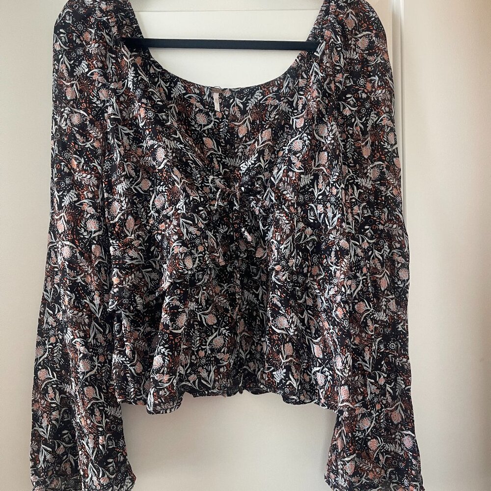 Free People Orange and Black Floral Ruffled Top Bell Sleeves Size Small